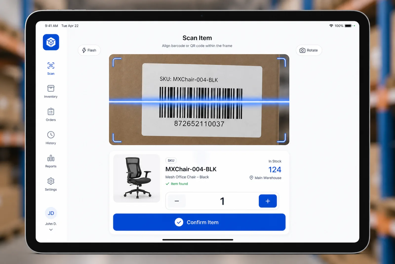 スマートフォンでバーコードを読み取り、入出庫を登録する画面の例